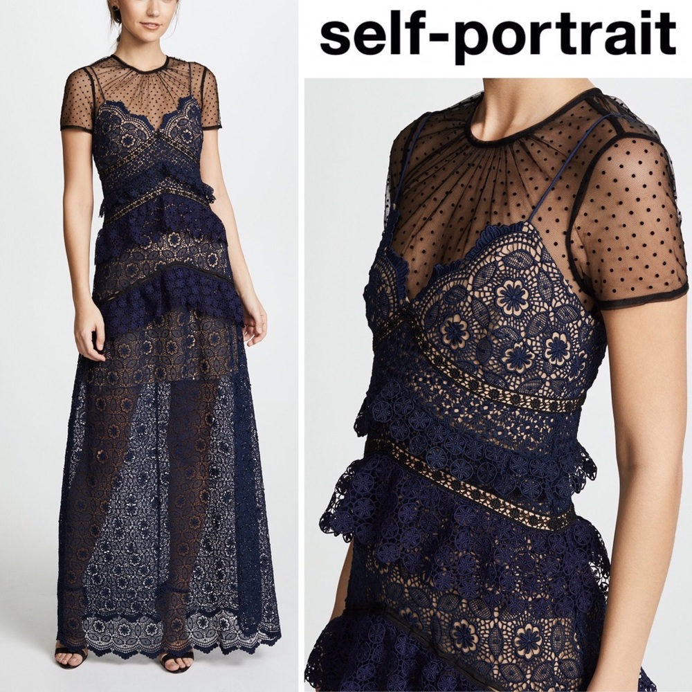Self-Portrait Navy and Black Lace Tiered Maxi Dress